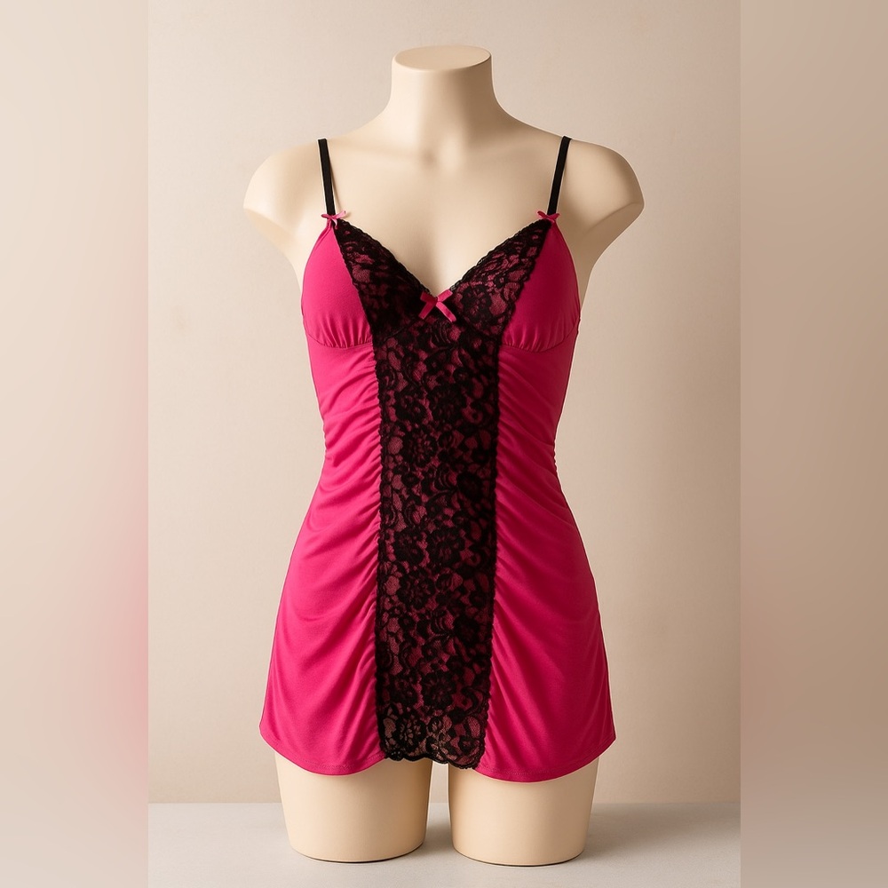 Elegance Pink and Black Lace Chemise with Bra Hook Closure Size Large